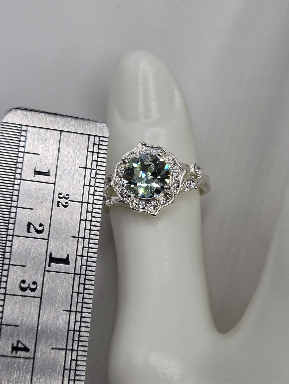 Swarovski Silver Ring with Teal Center Crystal and Clear Halo - Picture 6 of 6